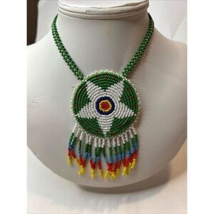 Southwestern style Multicolor beaded Medallion necklace 11” medallion 3”